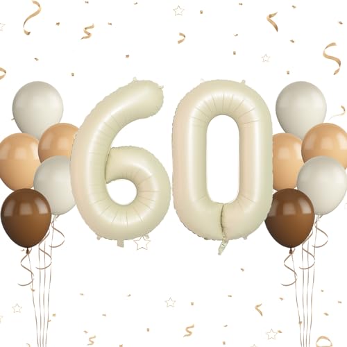 Luftballon 60. Geburtstag, 40 Zoll Cremeweiß Zahl 60 Luftballon, 12 Stück Happy Birthday Latexballons Aprikose Braun Ballons Nummer 60 Folienballon für Männer Frauen 60. Geburtstag Party Deko von FunHot