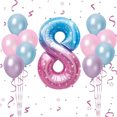 Luftballon 8. Geburtstag, 40 Zoll Sternenklarer Farbverlauf Zahl 8 Luftballon, 11 Stück Birthday Latexballons Maca Rosa Blua Nummer 8 Stern Folienballon für Mädchen Jubiläum 8. Geburtstag Party Deko von FunHot