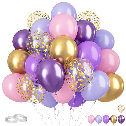 Luftballons Lila Rosa, 60pcs Pastell Luftballons, 12 Zoll Metallic Lila Gold Confetti Ballons Huliem Macaron Rosa Lila Latexballons für Mädchen Geburtstag Babyparty Braut Schmetterling Party Deko von FunHot