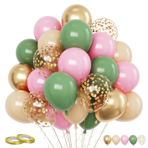 Luftballons Rosa Grün, 60 Stück Sage Grün Rosa Ballons, 12 Zoll Salbeigrün Metallic Gold Konfetti Helium Luftballons Olivgrün für Mädchen Junge Geburtstag Babyparty Cactus Dschungel Safari Party Deko von FunHot