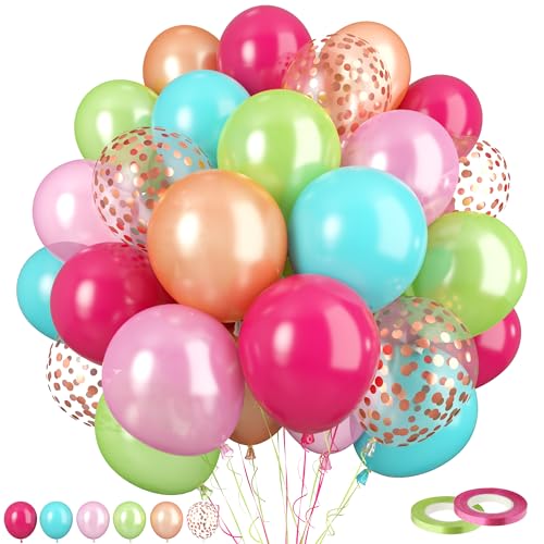 Luftballons Tropische, 60 Stück Hawaii Partyballons, 12 Zoll Hellrosa Teal Heißes Rosa Grün Roségold Konfetti Luftballons für Geburtstag Babyparty Hochzeit Strand Tropische Sommer Flamingo Party Deko von FunHot