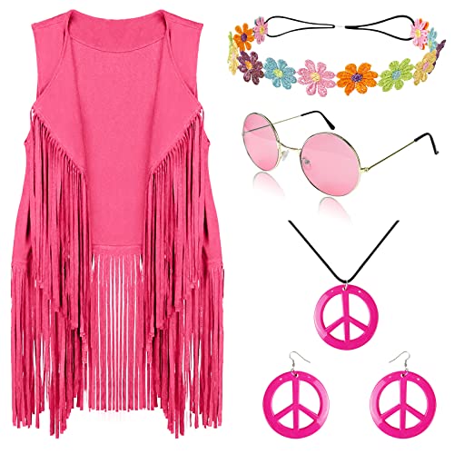 FunMular Hippie Kostüme Kleidung für Frauen 60er 70er Jahre Kostüm Peace Zeichen Ohrring Stirnband Fransen Weste Quaste Strickjacke … (Rosa, M) von FunMular