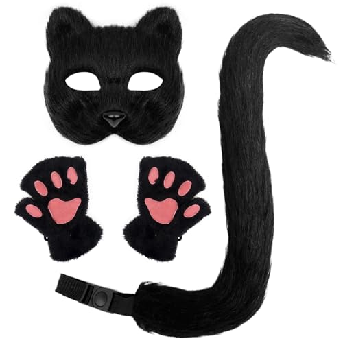 Katzenkostüme für Damen, Fuchsmaske und Schwanzhandschuh, Set, Erwachsene, Kinder, Mädchen, für Halloween, ausgefallene Party, Kostüm, Spielzeug, Geschenk (Schwarz-02) von FunMular