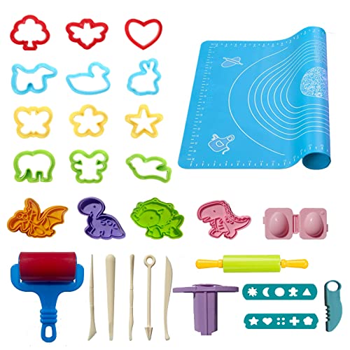 Funbero Knete Zubehör Set,29 Stück Teig Plastilin Werkzeugset für Kinder, Einschließen Teig Plastilin Werkzeuge, Formen,Teigrolle, Knetmatte von Funbero