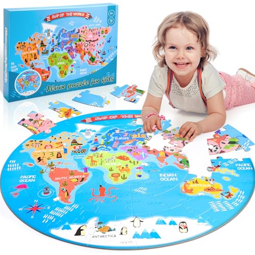 Funblitz Puzzle Weltkarte Kinder, Puzzle ab 3-8 Jahre für Mädchen Jungen Kinder Puzzle Rund Weltkarte Jigsaw Puzzle Spielzeug Mädchen 3-8 Jahre Kinderpuzzle Geschenk Mädchen Jungen 3-8 Jahre von Funblitz