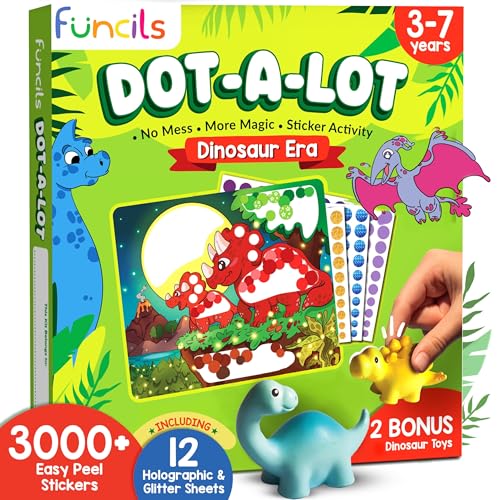 Funcils Dot Sticker Art Aktivität - Dinosaurier Dot Art, Basteln ohne Chaos für Kinder, Geschenke für Jungen & Mädchen im Alter von 3-7 Jahren, Lernspielzeug, DIY-Aktivitäten, Reise-Spielzeug von Funcils