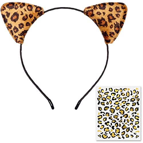 Funcredible Gepardenohren-Haarreif mit Gesichtstattoos, Leopardenohren-Accessoire für Damen und Kinder, Braun, 2 Stück set von Funcredible