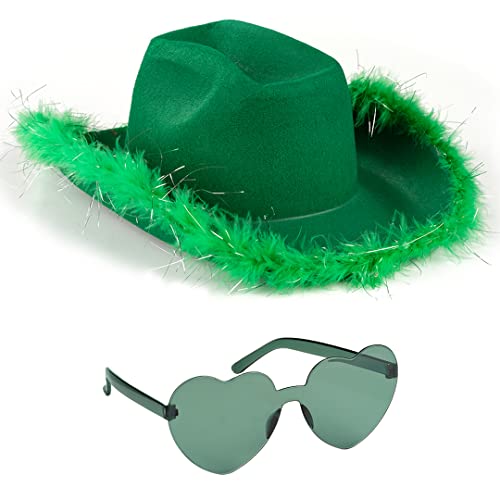 Funcredible Grüner Cowgirl-Hut mit Brille, Halloween-Cowboyhut mit Federn, Kuhmädchen-Kostüm, Zubehör, lustige Braut, Western-Rodeo, Party-Hüte und Schutzbrillen für Damen, Mädchen und Kinder von Funcredible