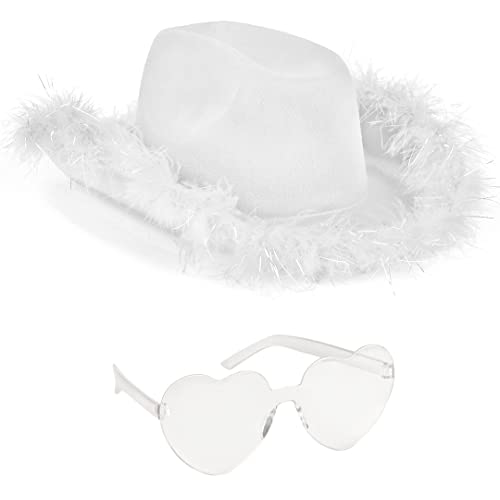 Funcredible Weißer Cowboyhut und Brille - Flauschiger Cowgirlhut mit Stern für Mädchen - Halloween Accessoires für Frauen, Weiss/opulenter Garten, One Size Fits Most von Funcredible