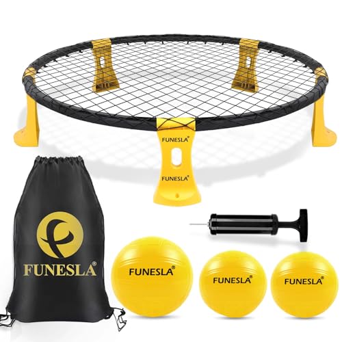 Funeslaball Outdoor Spieleset, Roundnet Spieleset, Outdoor Team Ballspiel bestehend aus Spielnetz, 3 Bällen, Kordelzug, Ballpumpe und Handbuch von Funesla