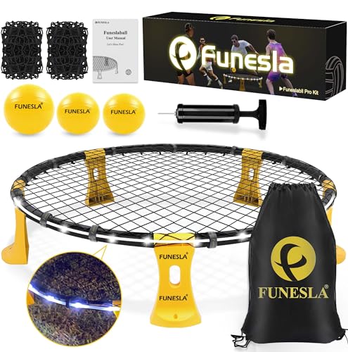 Funeslaball Outdoor Spieleset, Beleuchtetes Roundnet Spieleset Team Games bestehend aus Lichtleiste, Spielnetz & Wettkampfnetz, 3 Bällen, Kordelzug, Ballpumpe, Spiel für Garten, Strand, Park, drinnen von Funesla