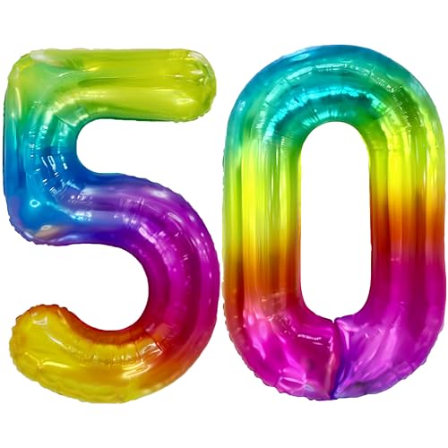 FUNFEST 100 cm Luftballons zum 50. Geburtstag in Regenbogenfarben – Geburtstagsballon-Dekoration – inklusive XL-Ballon zum 50. Geburtstag und Strohhalm – Fliegen mit Helium von Funfest