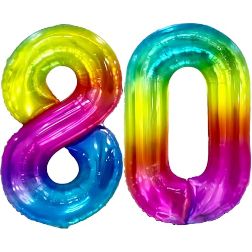 FUNFEST Luftballons zum 80. Geburtstag, Regenbogenfarben, 100 cm – Dekoration Ballon zum Geburtstag – inklusive Ballon 80 Jahre XL & Strohhalm – fliegt mit Helium – wiederverwendbar – hochwertige von Funfest