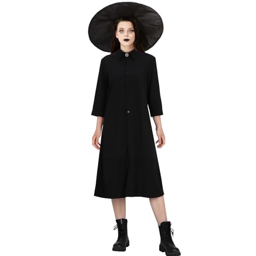 Funhoo Damen Deetz Kostüm Kleid mit Hut Gotisch Stil Schwarz Dunkel Kleider Outfit für Halloween Karneval Party Verkleidung (schwarz, M) von Funhoo