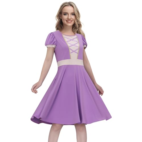 Funhoo Damen Lange Haare Prinzessin Kleid Lila Kostüm Prinzessinkleid Geburtstag Halloween Karneval Weihnachten Geburtstag Party Film Outfit (L) von Funhoo