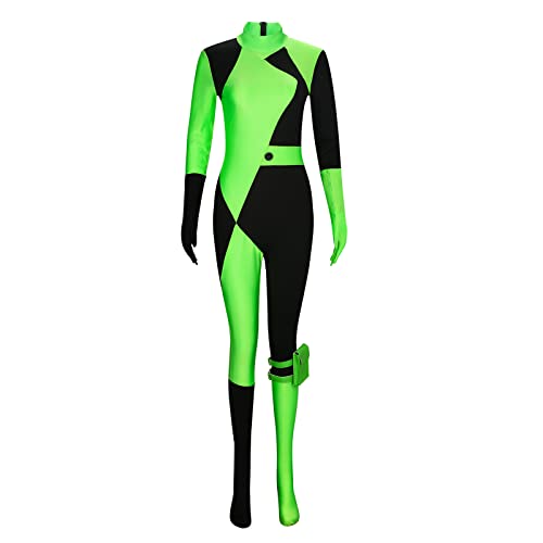 Funhoo Damen Shego Cosplay Kostüm Bodysuit Jumpsuit mit Handschuhen Beinbeutel Grün und Schwarz Frauen Outfit für Halloween Party Karneval, L von Funhoo