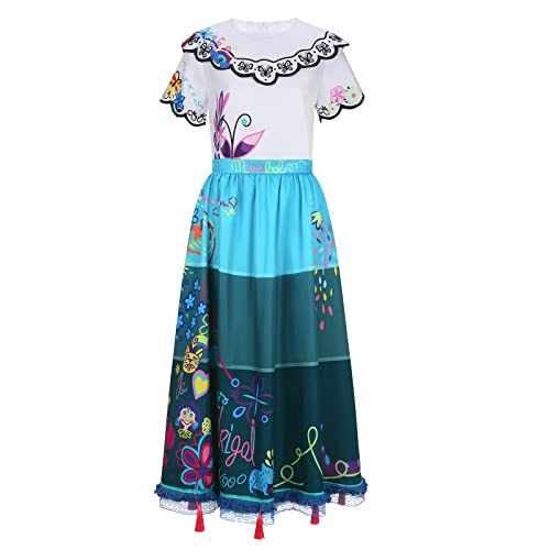 Funhoo Erwachsene Mirabel Kostüm Prinzessin Geburtstag Party Geschenk Dress Up Frauen Blume Gedruckt Frühling Sommer Kleid Top Rock mit Ohrring Brille Karneval Halloween Maskerade Cosplay (XXL, Blau) von Funhoo