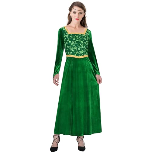 Funhoo Frauen Kleid Prinzessin Fiona Kostüm Grün Einteiliges Kleid Samt Langarm Abendkleid für Halloween Party Cosplay Outfit (L) von Funhoo