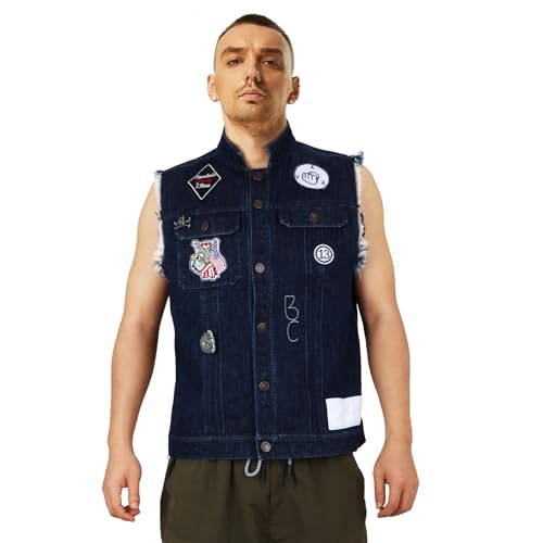 Funhoo Herren Denim Jacke Ärmellos Gilet Motorrad Jeans Weste mit Patches Motorradfahrer Cowboy Freizeit Top Vintage Outfit (XXL) von Funhoo