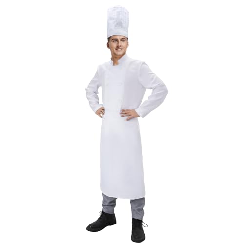 Funhoo Professionelles Linguini Chefkoch Kostüm für Herren Oberteil + Hose + Schürze + große Mütze + Maus Haarband Halloween Karneval Party Cosplay (weiß, L) von Funhoo