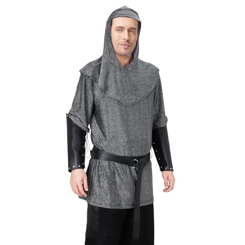 Funhoo Renaissance Tunika mit Kapuze Gürtel Rüstung Hemd Mittelalter Ritter Kreuzritter Oberteil Halloween Verkleidung Kostüm Outfit Anorak Taillengürtel Zubehör (grau, L) von Funhoo