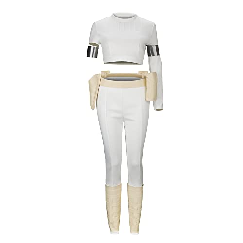 Funhoo Weiß Frauen Königin Padme Amidala Kostüm Bluse + Hose + Gürtel + Armband + Leggings Zubehör Klassisch Prinzessin Leia Cosplay Anzug Halloween Karneval Outfit (Set, L) von Funhoo