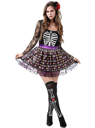Funidelia | Catrina Skelett Kostüm für Damen Mexikanischer Schädel, Horror - Kostüm für Erwachsene & Verkleidung für Partys, Karneval & Halloween - Größe L - Schwarz von Funidelia