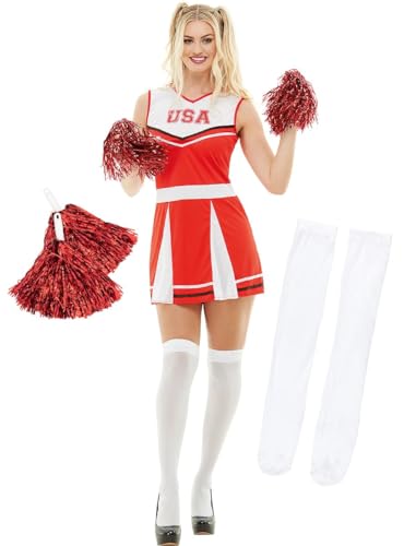 Funidelia | Cheerleader Kostüm mit Pompom und Socken für Damen Cheerleader, American Football, Gymnasium, Berufe - Kostüm für Erwachsene & Verkleidung für Partys, Karneval & Halloween - Größe 4XL von Funidelia