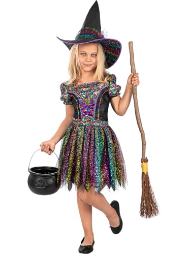 Funidelia | Glitzer Hexenkostüm mit Zubehör für Mädchen Hexen, Zauberer, Halloween, Horror - Kostüm für Kinder & Verkleidung für Partys, Karneval & Halloween - Größe 5-6 Jahre - Schwarz von Funidelia