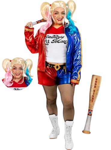 Funidelia | Harley Quinn Kostüm mit Perücke und aufblasbarem Schläger - Suicide Squad für Damen Superhelden Kostüme für Erwachsene & Verkleidung für Partys, Karneval & Halloween - Größe XL - Rot von Funidelia