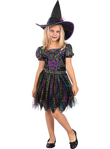 Funidelia | Hexen Kostüm glitzernd für Mädchen Hexen, Zauberer, Halloween, Horror - Kostüm für Kinder & Verkleidung für Partys, Karneval & Halloween - Größe 7-9 Jahre - Schwarz von Funidelia