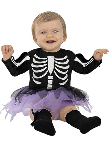 Funidelia | Mädchen-Skelett Kostüms für Baby Skelett, Totenkopf, Sensenmann, Horror - Kostüm für Baby & Verkleidung für Partys, Karneval & Halloween - Größe 12-24 Monate - Schwarz von Funidelia