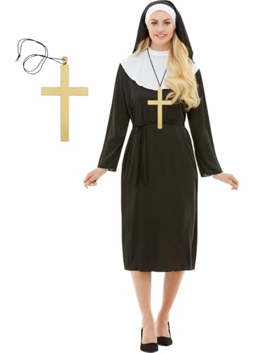 Funidelia | Nonne Kostüm mit Kreuz für Damen Religion, Nun, Sister Act, Berufe - Kostüm für Erwachsene & Verkleidung für Partys, Karneval & Halloween - Größe L - Schwarz von Funidelia