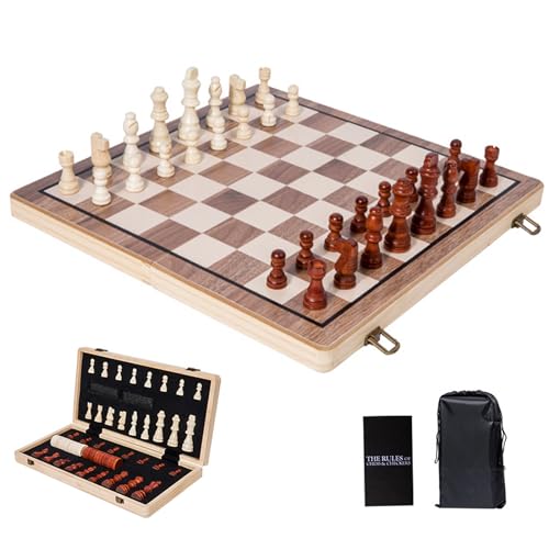 Funien 2-in-1 magnetisches Schach-Dame-Set aus Holz, tragbares Reise-Schachbrettspiel mit klappbarem Schachbrett von Funien