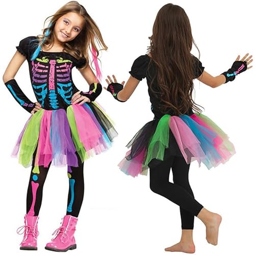 Funjoyz 3 Stück Skelett Kostüm Kinder Mädchen,Halloween Costume Punky Spooktacular Buntes Süßes oder Saures Karikatur Cosplay Karneval Maskerade Weihnachten Party Day of the Dead von Funjoyz