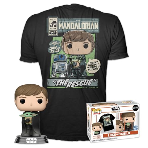 Funko Pop! & Tee: Star Wars: The Mandalorian - Luke with Grogu mit Grogu (The Child, Baby Yoda) - Medium - T-Shirt - Kleidung mit Vinyl-Sammelfigur - Geschenkidee - Spielzeug und Kurzärmeliges Top von Funko