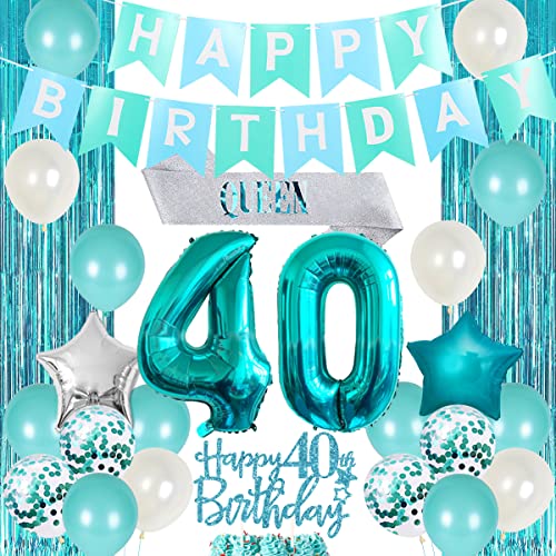 40. Geburtstag Dekorationen für Frauen Mädchen Teal - Queen Sash Happy Birthday Banner Cake Topper Nummer 40 Folienballon Folienvorhang für Türkis 40. Geburtstag Dekorationen von Funmemoir