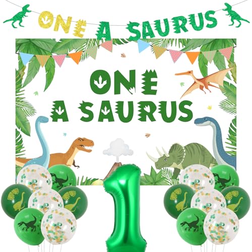 Funmemoir 1. Geburtstag Dekorationen für Jungen Dinosaurier One a Saurus Geburtstag Hintergrund und Glitzer Banner, 1 Foliennummer Ballon, Dinosaurier Druck Ballons für Dinosaurier Thema erste von Funmemoir