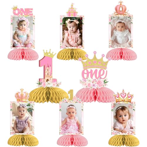 Funmemoir Prinzessin 1. Geburtstag Party Dekorationen 8 Stück Prinzessin 1. Geburtstag Foto Wabenaufsatz Doppelseitige Prinzessin Tischdekoration für Mädchen erster Geburtstag Party Dekorationen von Funmemoir