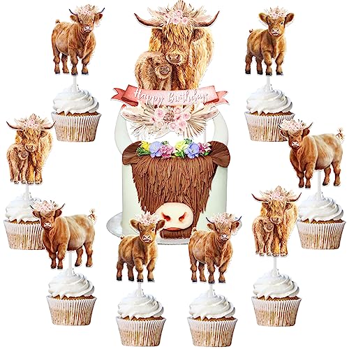 Highland Cow Birthday Party Decorations Girl 25pcs Highland Cow Cake Toppers Highland Cattle Birthday Cake Decorations for Boho Retro Floral Highland Cow Holy Cow Farm Animal Birthday Decorations von Funmemoir