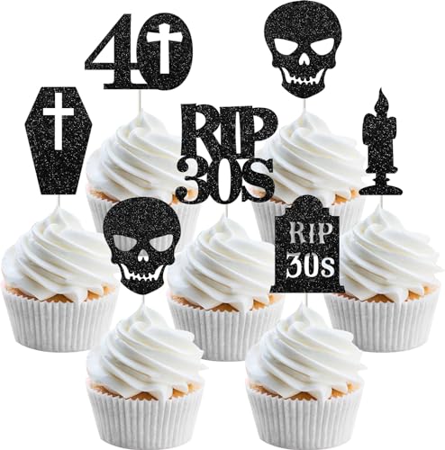 Rip 30s Deko Gothic 40. Geburtstag Party Dekorationen 24 Stück Rip 30s Cupcake Toppers Tod zu meinen dreißiger Jahren Dekorationen schwarzer Tod zu meinen 30er Jahren Dekorationen Supplies von Funmemoir