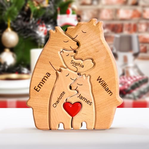 Personalisiertes Holzkunstpuzzle der Bärenfamilie mit 1-8 Namen, Holz Bär Skulpturen Desktop Tischdekoration Haus Dekor Ornament, Weinachtes Geschenke für Familie, Holzpuzzle für Mama, Papa von Funmii