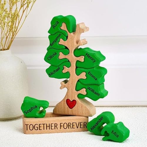 Personalisiertes Holzkunstpuzzle der Baumfamilie mit 1-8 Namen, Holz Bär Skulpturen Desktop Tischdekoration Haus Dekor Ornament, Weinachtes Geschenke für Familie, Holzpuzzle für Mama, Papa von Funmii