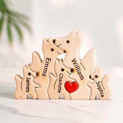 Personalisiertes Holzkunstpuzzle der Fuchsfamilie mit 1-8 Namen, Holz Bär Skulpturen Desktop Tischdekoration Haus Dekor Ornament, Weinachtes Geschenke für Familie, Holzpuzzle für Mama, Papa von Funmii