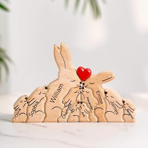 Personalisiertes Holzkunstpuzzle der Kaninchenfamilie mit 1-8 Namen, Holz Bär Skulpturen Desktop Tischdekoration Haus Dekor Ornament, Weinachtes Geschenke für Familie, Holzpuzzle für Mama, Papa von Funmii