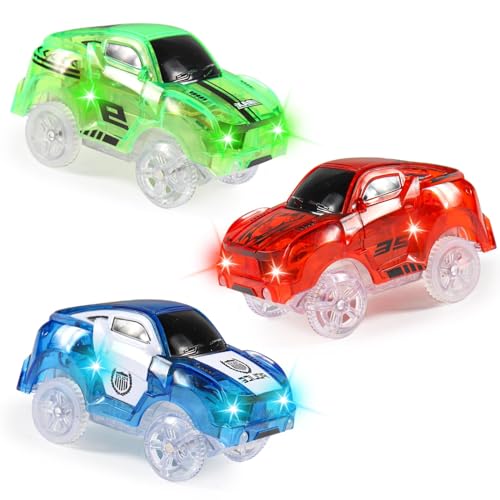 3 Pack Tracks Cars, Spielzeug Magic Cars Auto Tracks Cars mit 5 LED Blinkenden Lichtern, Track-Spielzeugautos leuchten im Dunkeln, kompatibel mit den meisten Tracks für Kinder, Jungen und Mädchen von Funmo