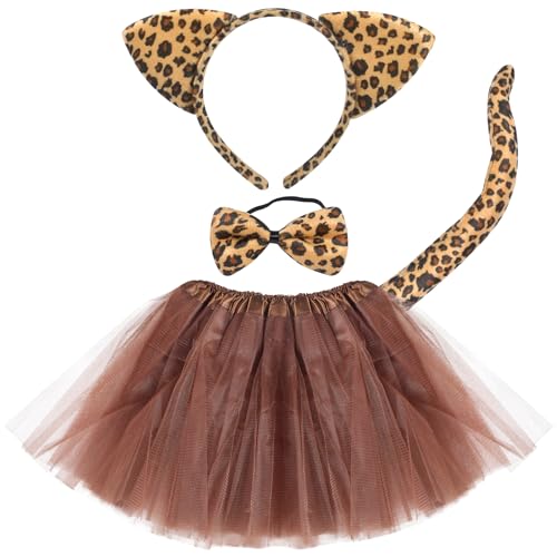 4 Stück Leoparde Tierkostüm Kinder, Leoparde Tier Verkleidung Zubehör, Leoparde Dschungel Party Set, Mädchen Tutu Rock, Leoparde Schwanz, Leoparde Fliege, Tier Verkleiden Set Karneval Party Halloween von Funmo