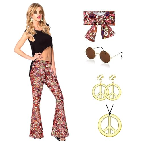 5 Stück Hippie Kostüm Damen Set,70er Jahre Damenhose Hippie Kostüm Damen 60 Jahre Bekleidung Hippie Frau, Boho Schlaghose für Karneval Kleid Disco Outfit Faschingskostüm Mädchen für Karneval(L) von Funmo