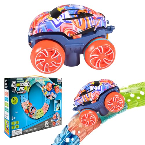 56pcs Autorennbahn Rennbahn, Kinder Rennbahn Spielzeug,Rennauto Spielzeug mit LED Lichtern, Spielzeugautos Autobahn für Kinder ab 3 Jahren Geschenk von Funmo