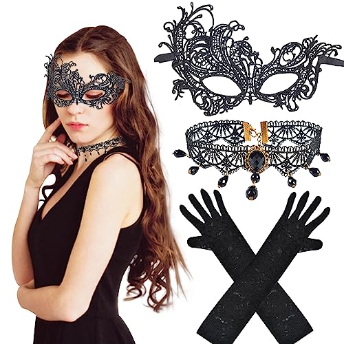 Funmo 3 pcs Halloween Steampunk Damen Zubehör, Schwarz Spitze Maske Gothic Schmuck Halskette Lange Spitzen Handschuhe Venezianische Masken Lace Halbes Gesicht für Karneval Party Maskenball Mädchen von Funmo